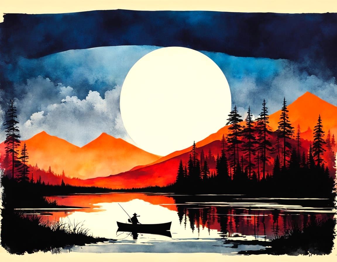 Lone Fisherman in Vintage Ink Painting Style