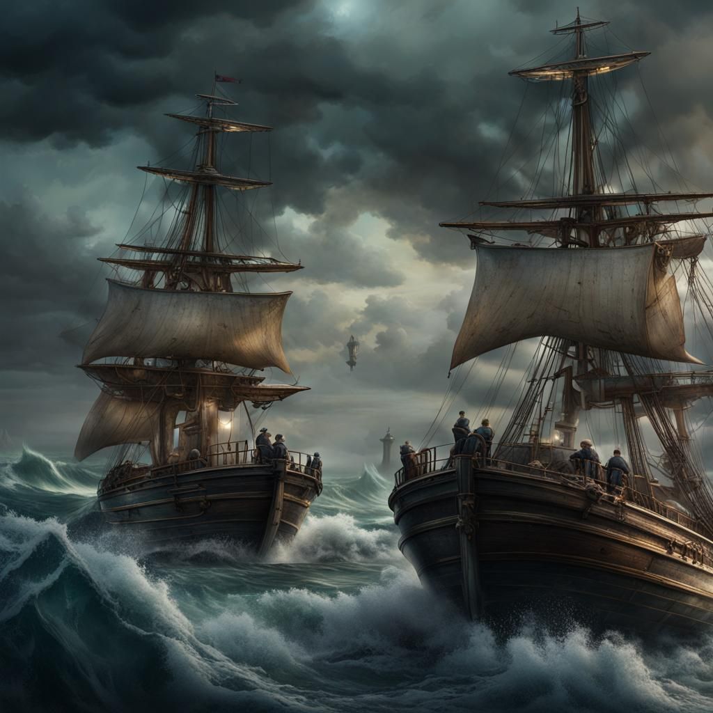 Stormy Seas: Sailors with Binoculars in Detailed Painting