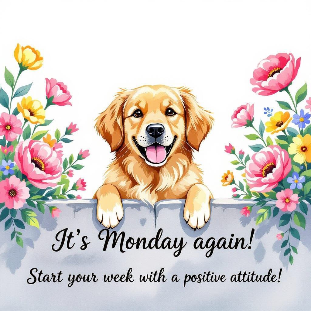 Whimsical Watercolor Golden Retriever Peeking Over Flower Le...