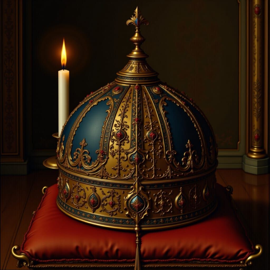 A beautifully crafted Arabic turban, adorned with intricate jewels and shimmering gold threads, rests upon a velvet cush...