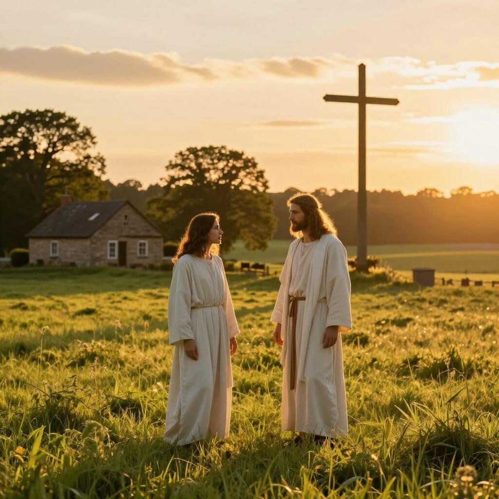 Divine Figures in Pastoral Landscape with Cottage and Cross