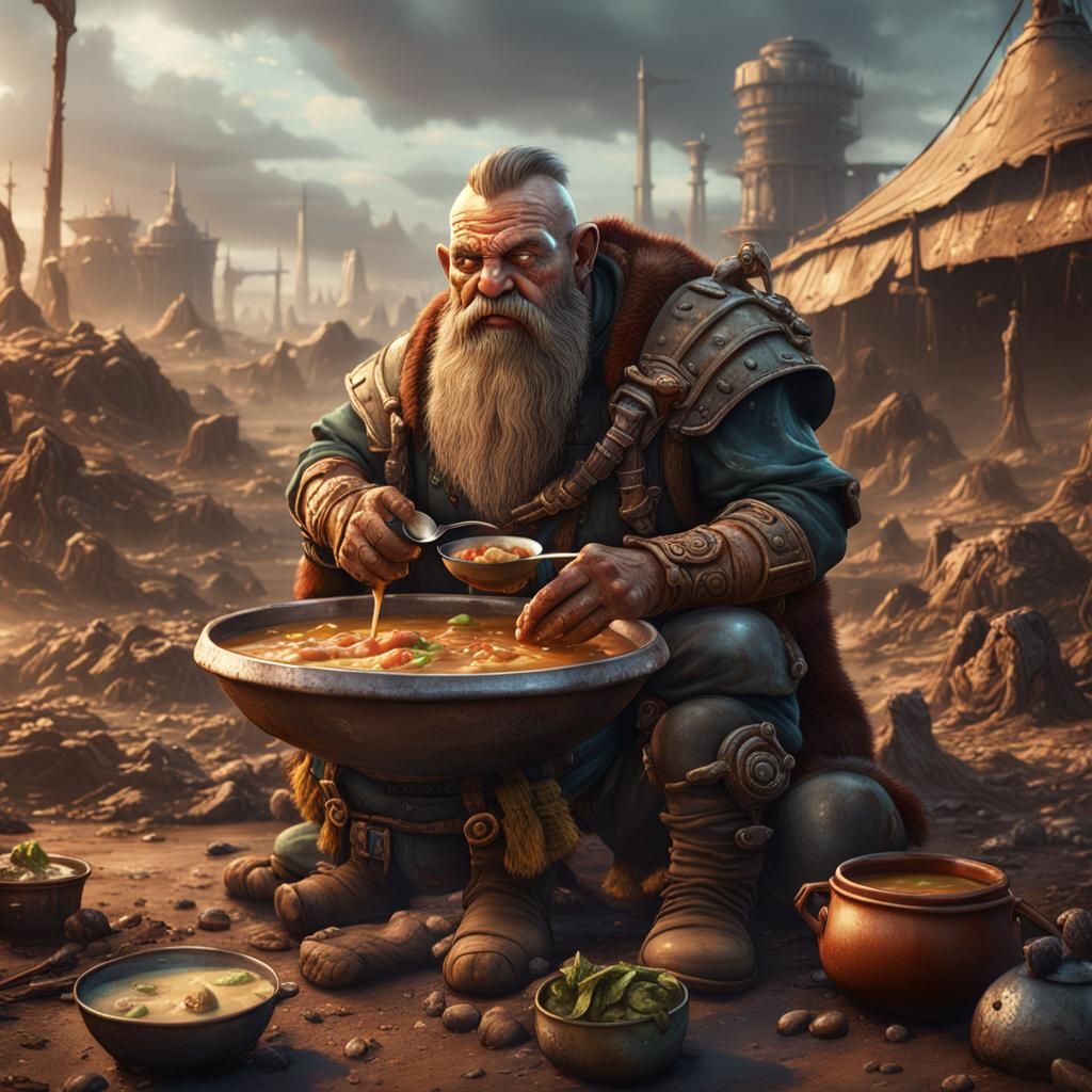 Wasteland Techno Dwarf Barbarian Enjoys Soup