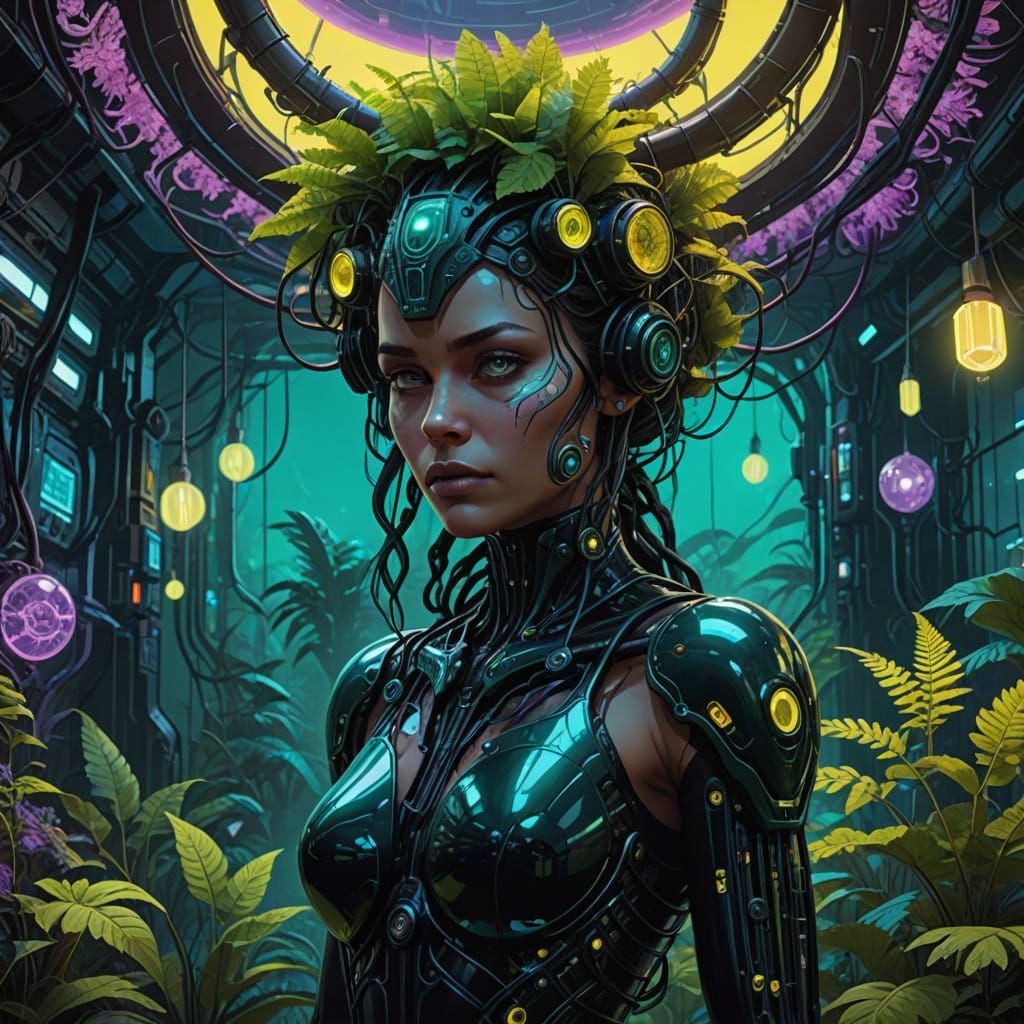 Cyberpunk Plant-Hybrid Woman with Glowing Tattoos and Biolum...