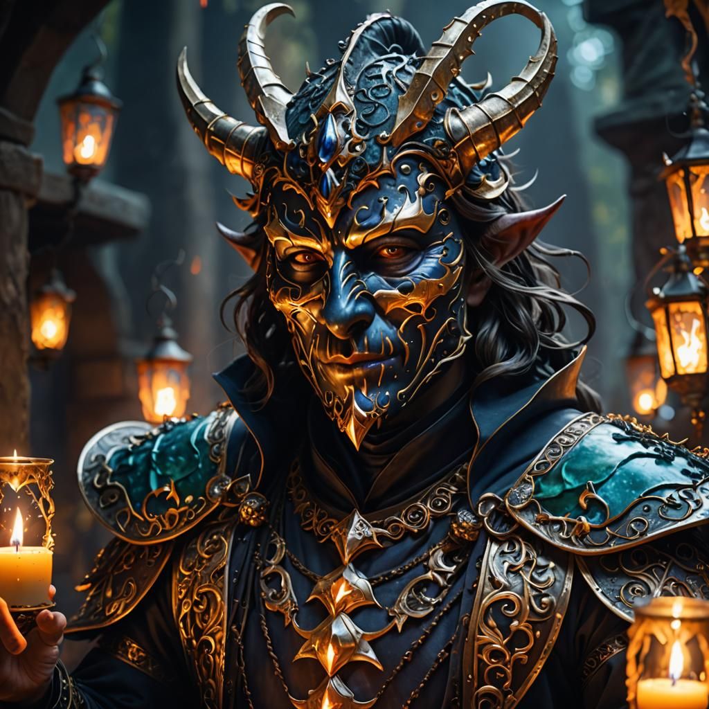 Grotesque Battle Mage in Mask with Flickering Flame