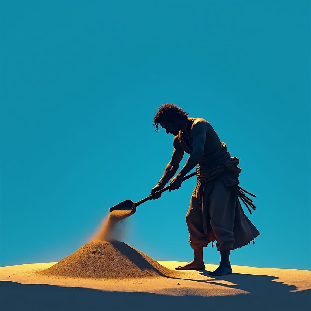 Man Shoveling Sand Silhouette in Fantasy Style