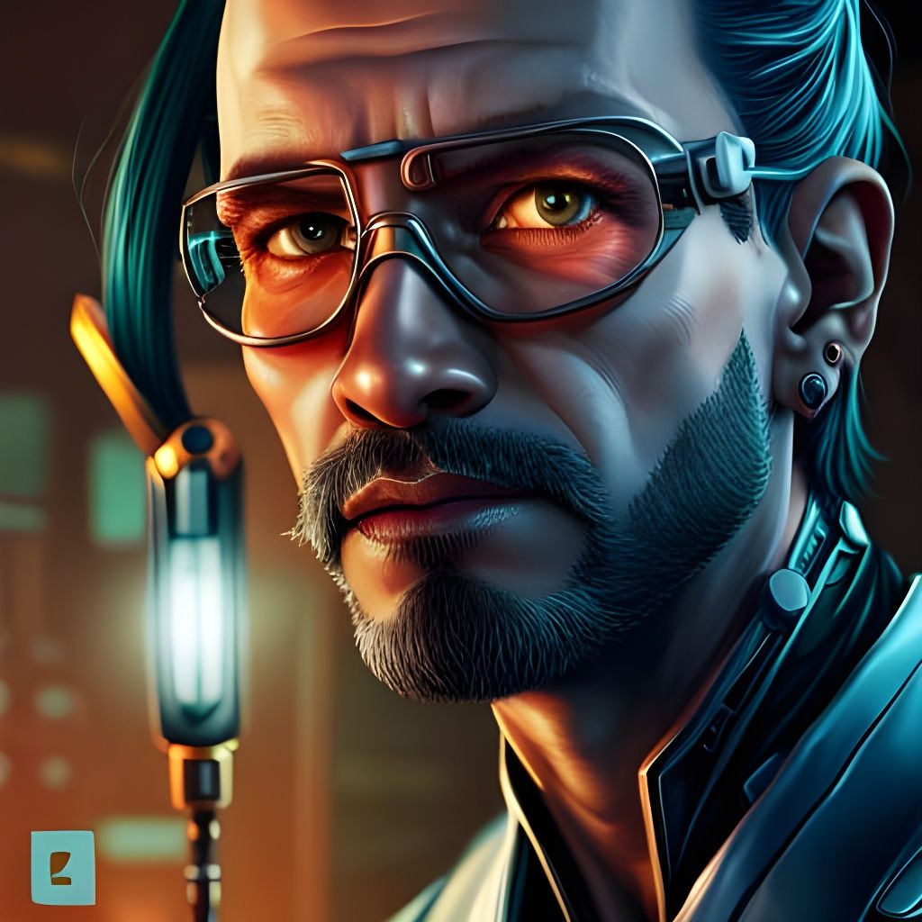 Cybernetic Scientist Portrait in Cyberpunk Tech Lab