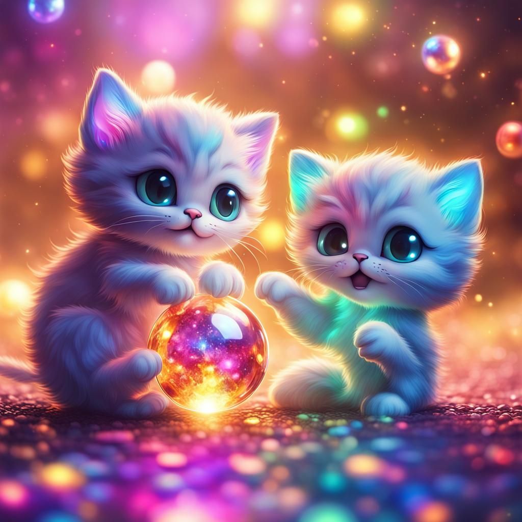 Chibi Kittens Dancing with Rainbow Glow Orbs