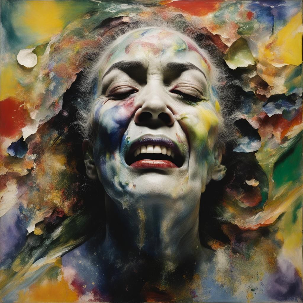 Woman holding her head screaming, spring equinox, Sam Gilliam, Tim Burton, dreamlike.