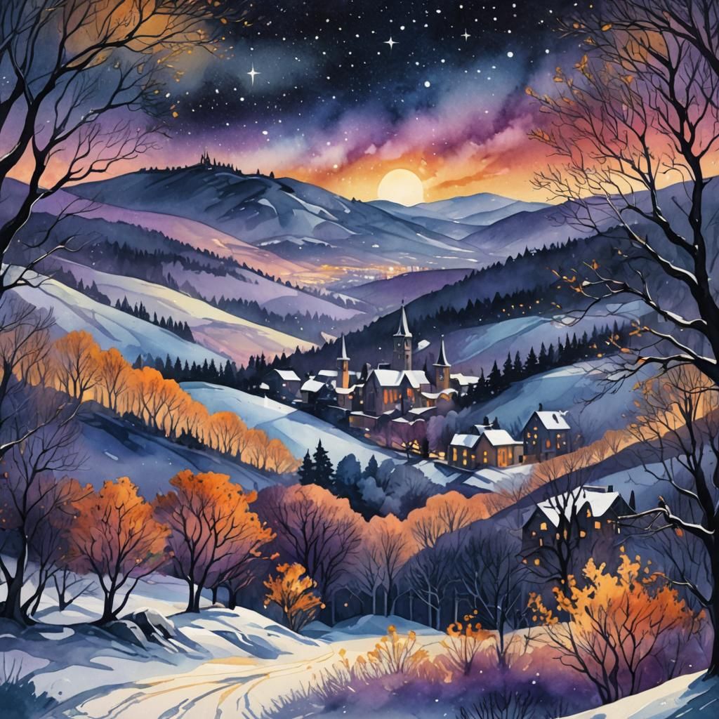 Gothic Winter Sunset Landscape in Digital Watercolor
