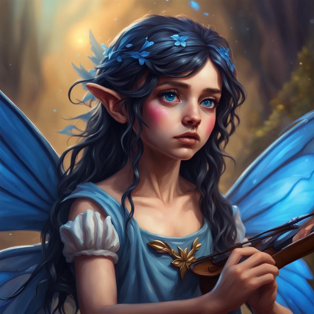 Petite Fairy Bard with Blue Wings, Hyperrealistic Art