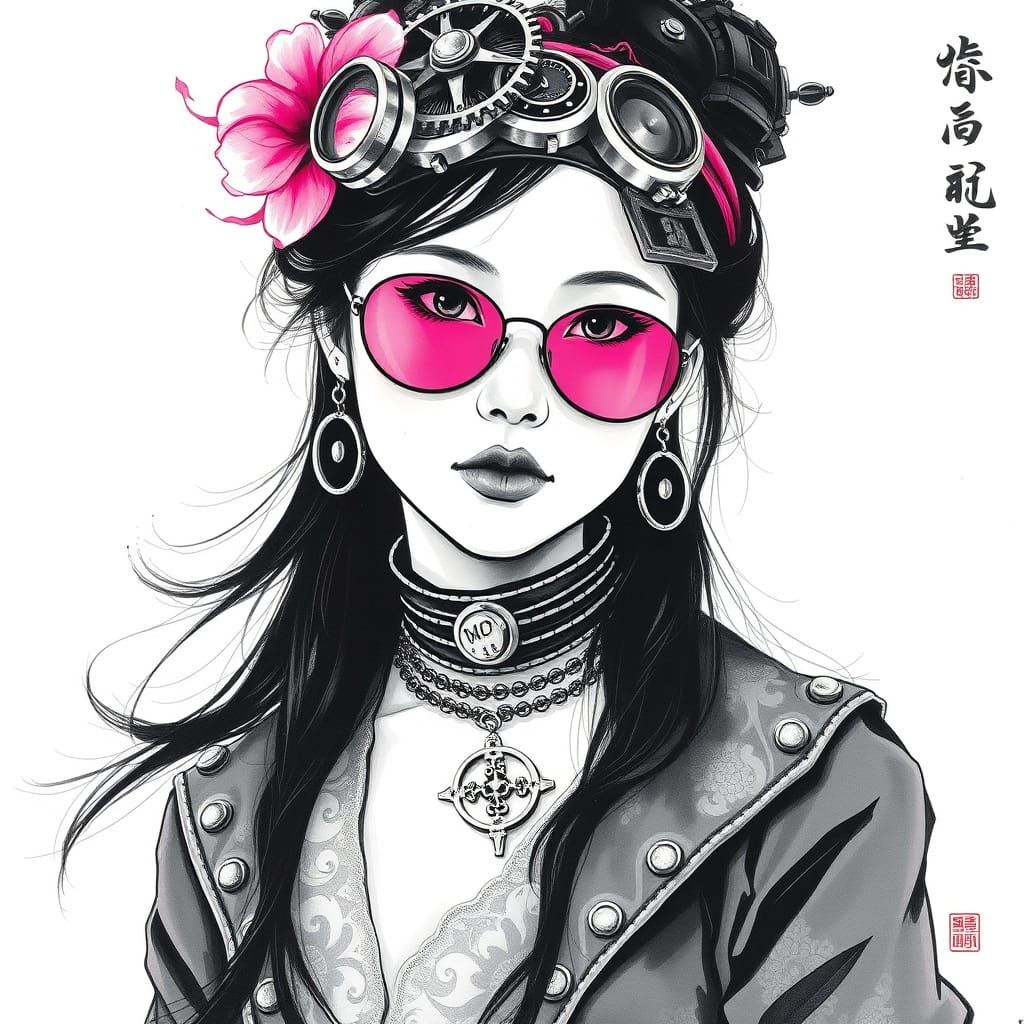 Steampunk Woman in Harmony with Nature