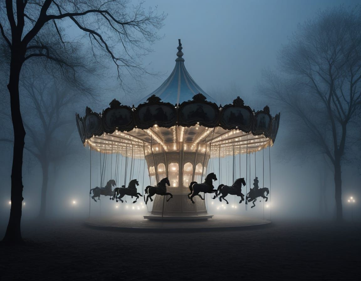 Mysterious Shadow Carousel in Eerie Fog