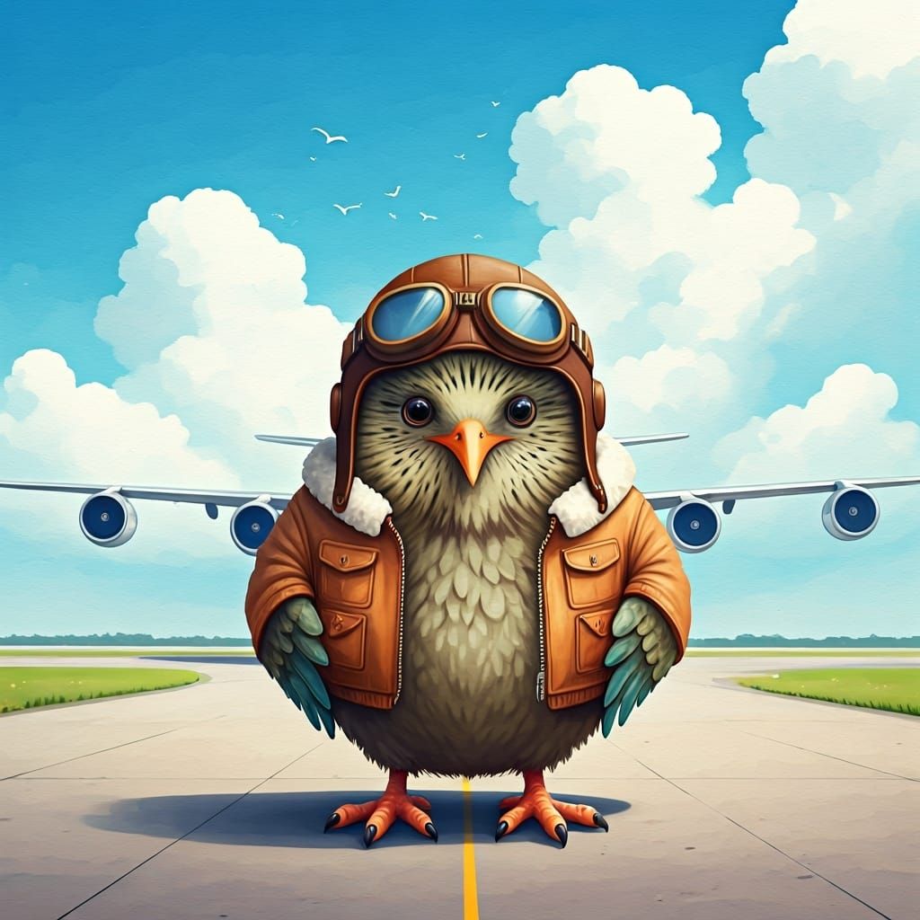 Kiwi Bird Pilot Watercolor Illustration