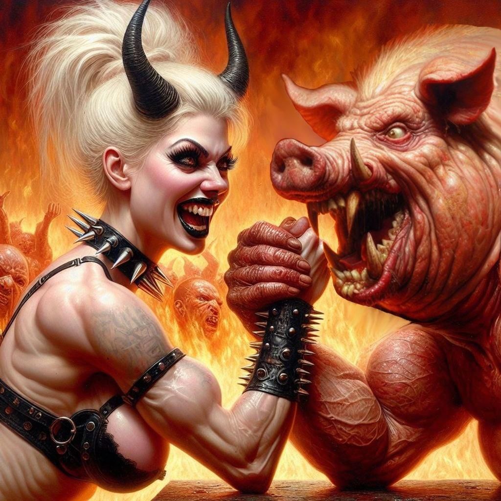 Demon Woman Arm Wrestling Pig, Oil Painting Style