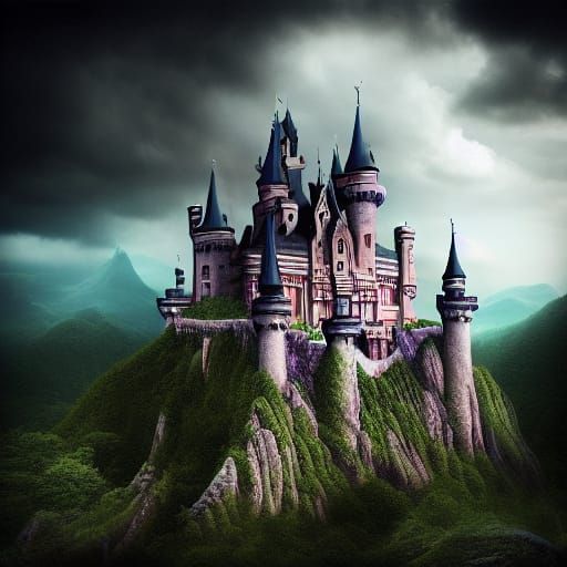 "Majestic mythical castle in lush landscape" - 7250