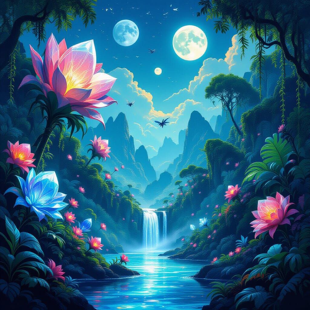 Alien Jungle With Bioluminescent Flora and Crystalline Flowe...