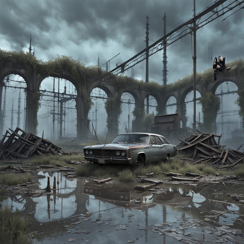 Goth Model Amidst Post-Apocalyptic Ruins in Fierce, Industri...