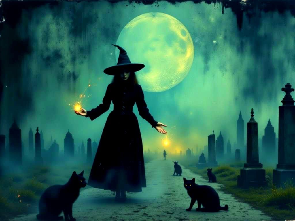 Halloween Witch Casting Spell in Foggy Cemetery with Ghosts