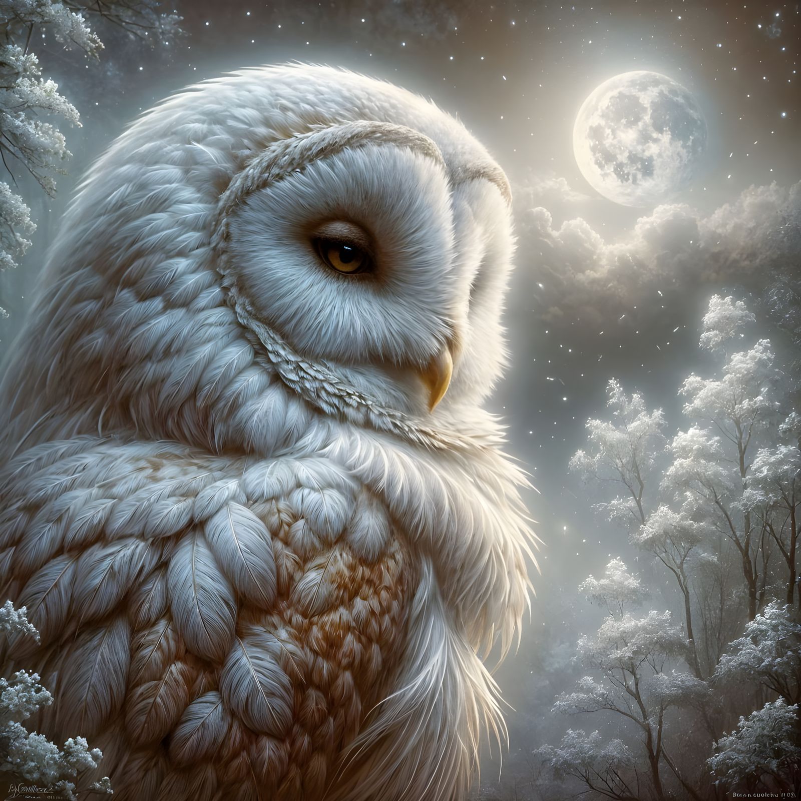 White Owl Glistening in Moonlight, Romantic Oil Painting