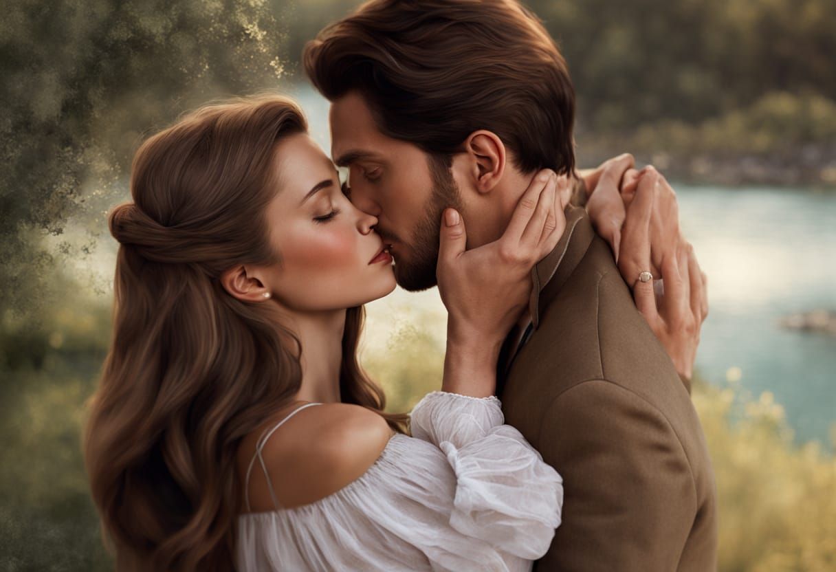 Couple in 18th Century Attire Share a Romantic Kiss by a Tra...