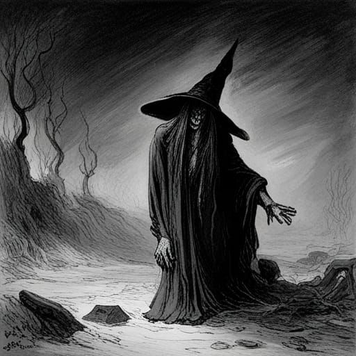 Terrifying Witch Figure in Gothic Horror Style