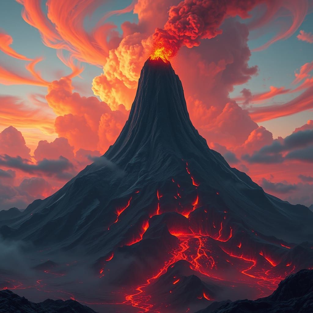 Volcano Eruption in Dreamlike Fantasy Landscape