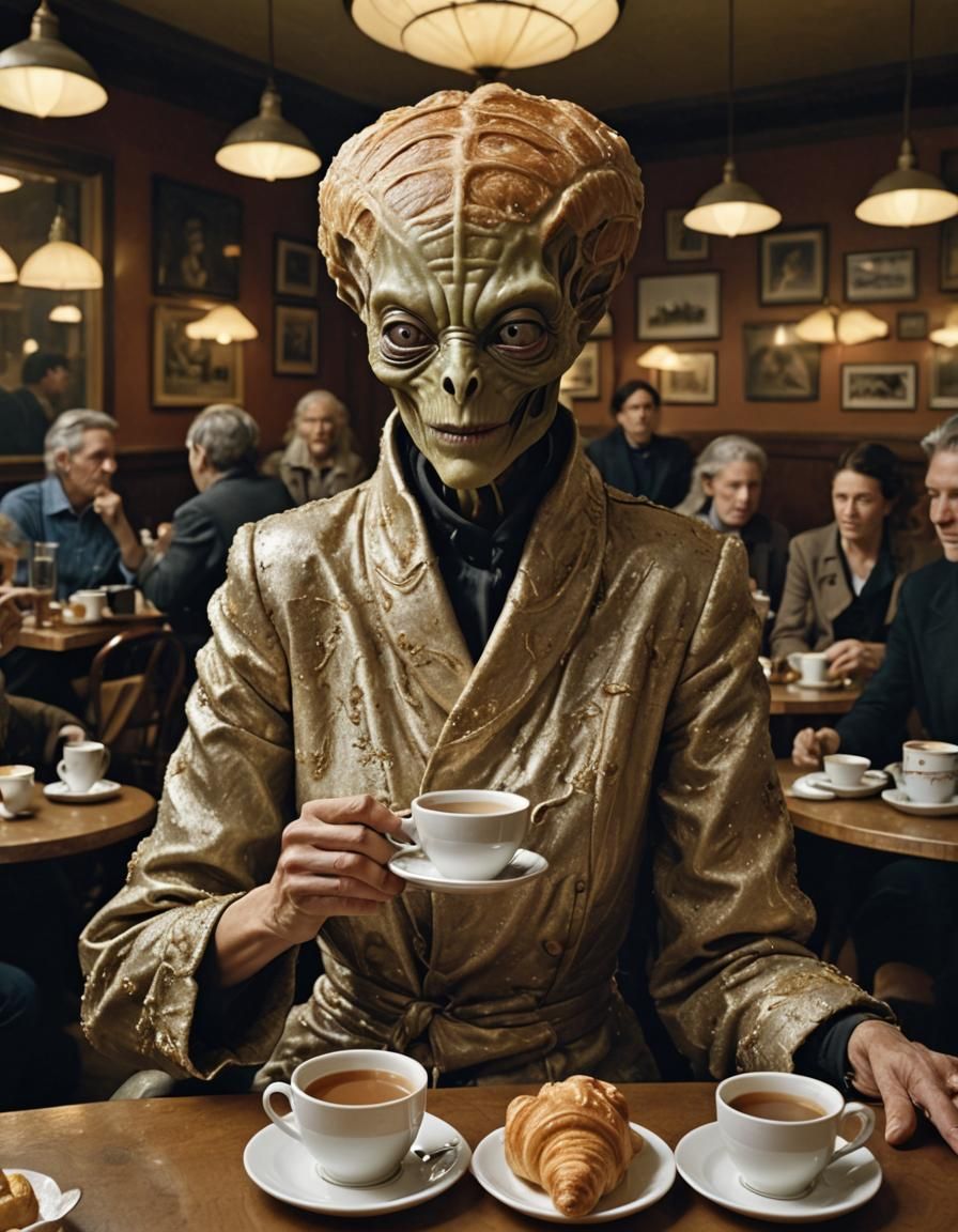 Hyper Realistic Alien Woman in Cafe