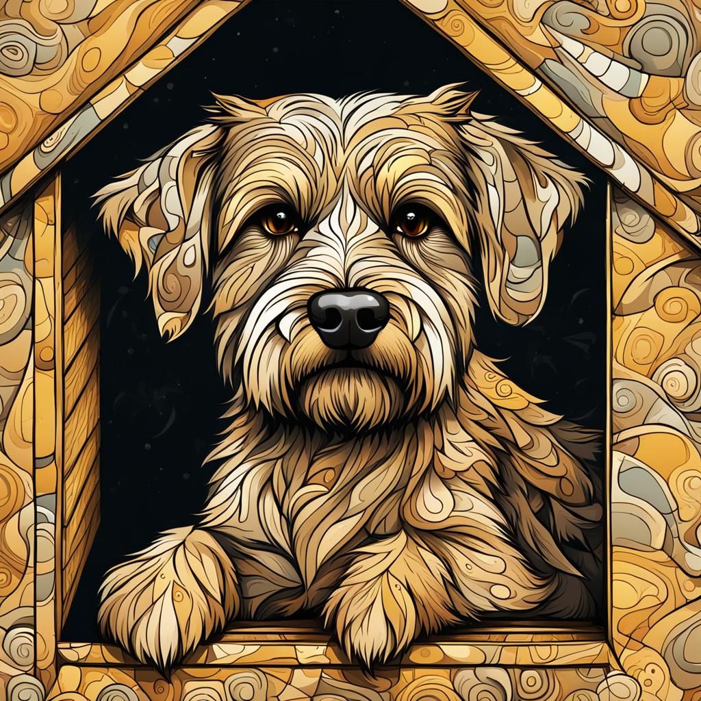 Cartoon Golden Mutt in Crowded Dog Shelter