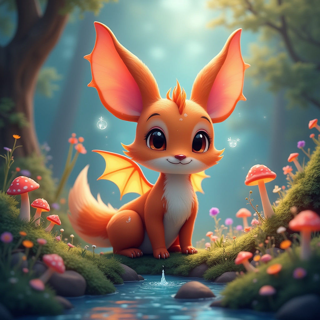 Whimsical Fox-Dragon-Rabbit Fantasy Animal in Enchanted Fore...