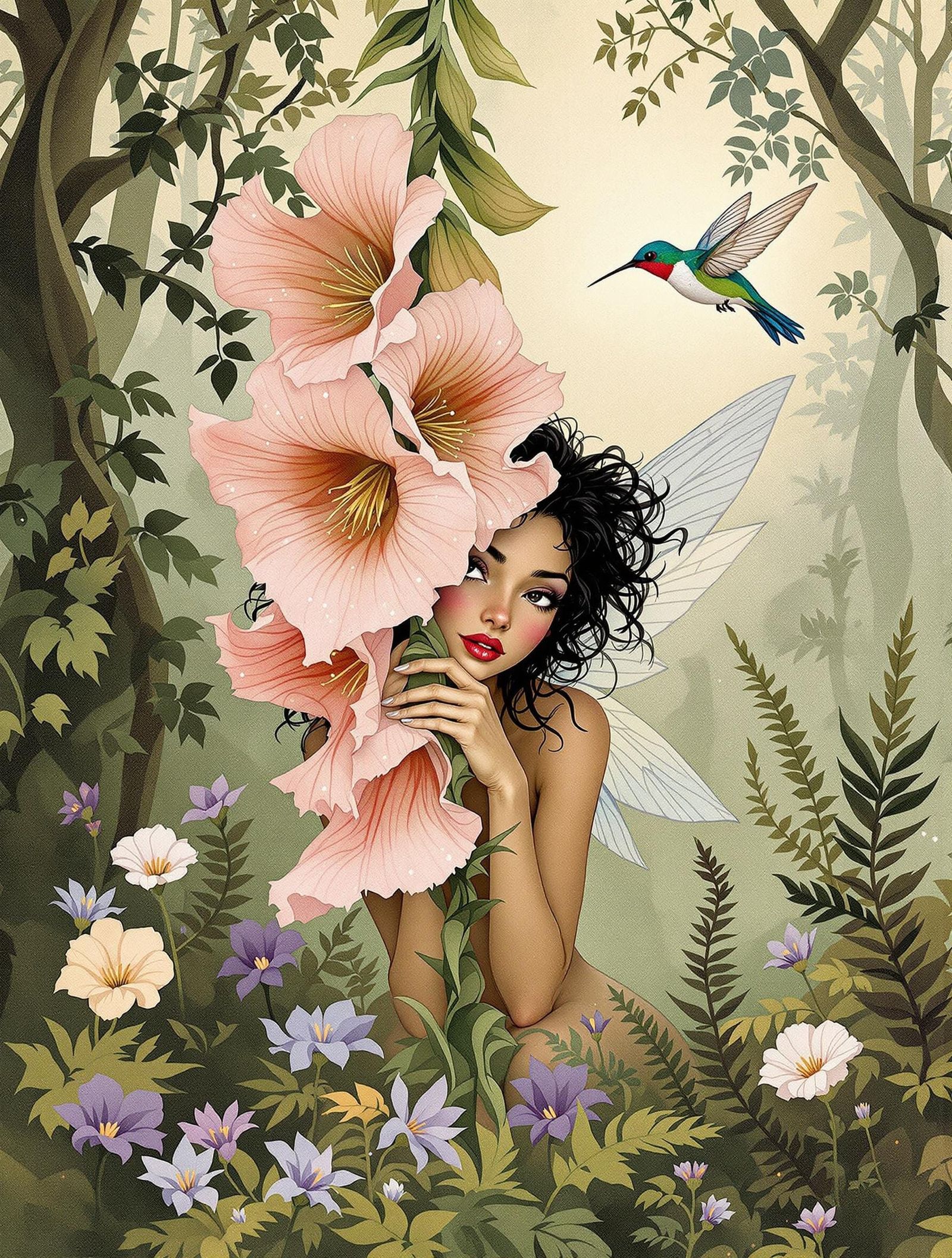 Ethereal Fairy Hides Behind Foxglove in Whimsical Woodland S...