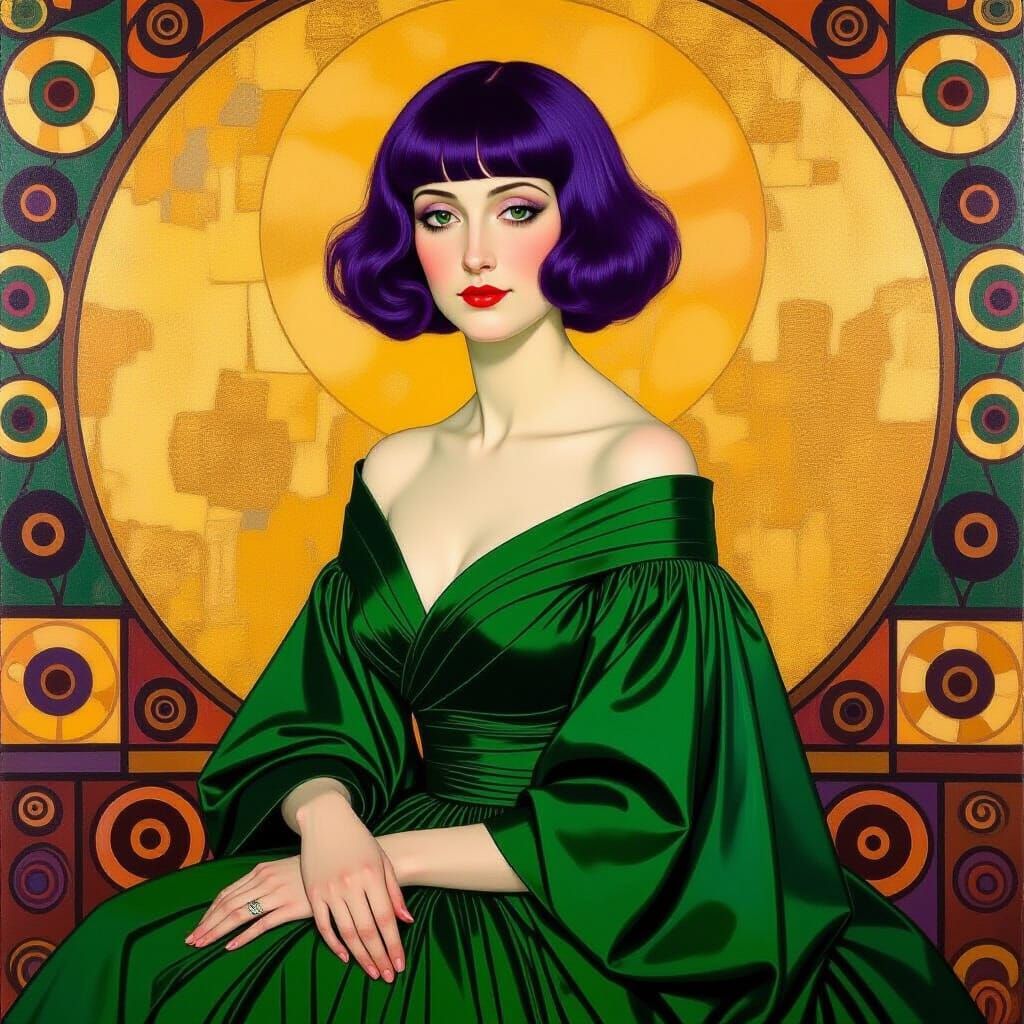 Woman in Green Dress, Purple Bob, Klimt Style