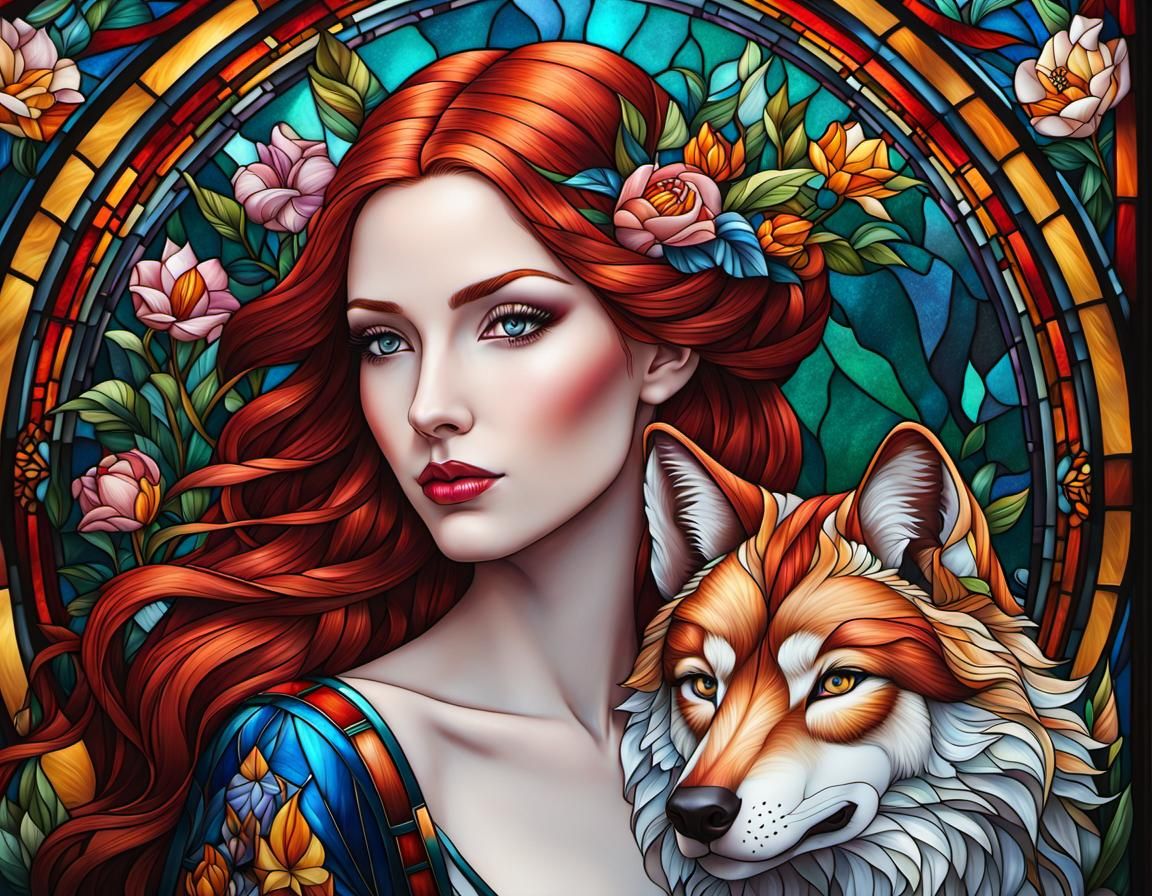 Stained Glass Portrait of Redhead with Wolf