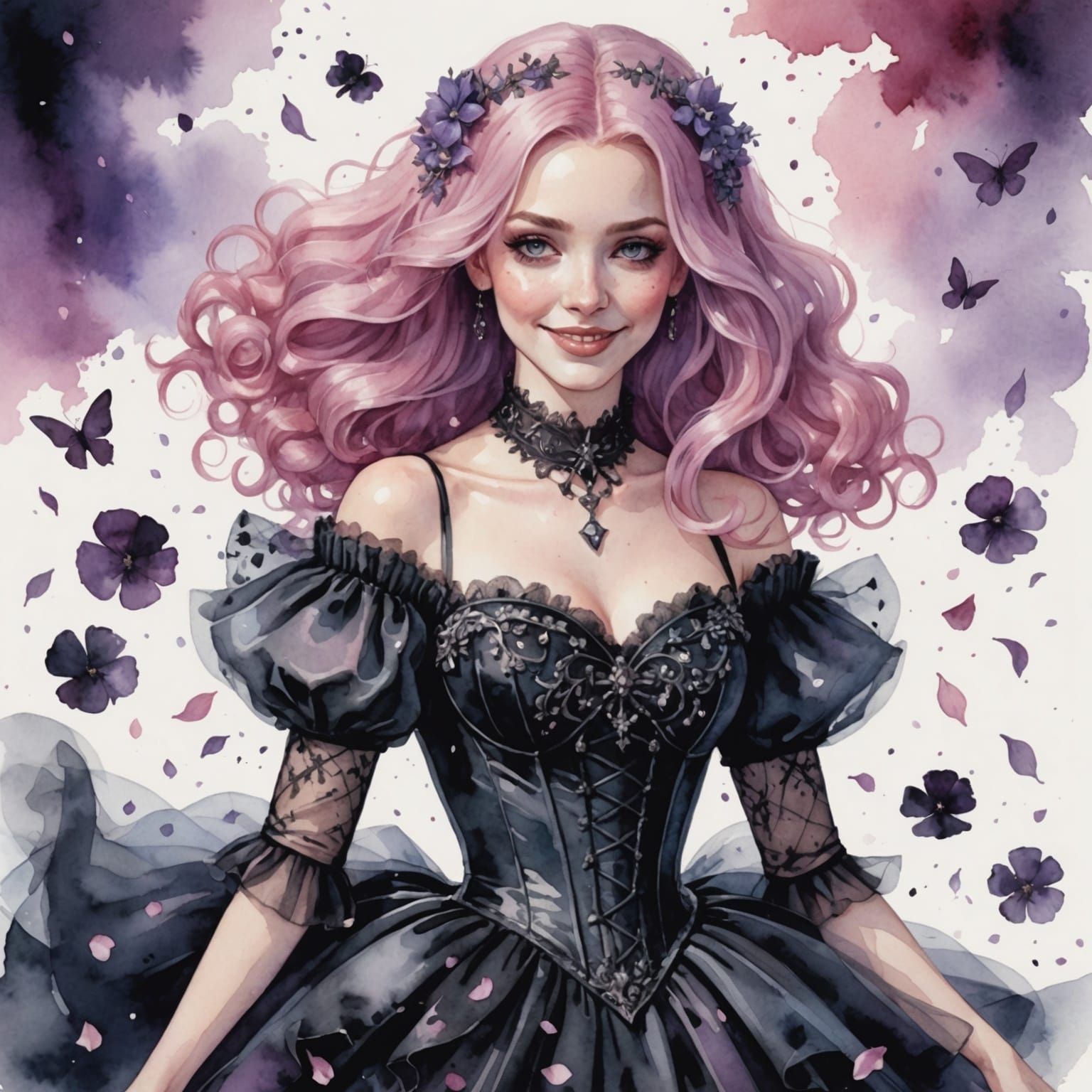 Pink-Haired Woman in Gothic Gown, Watercolor Style