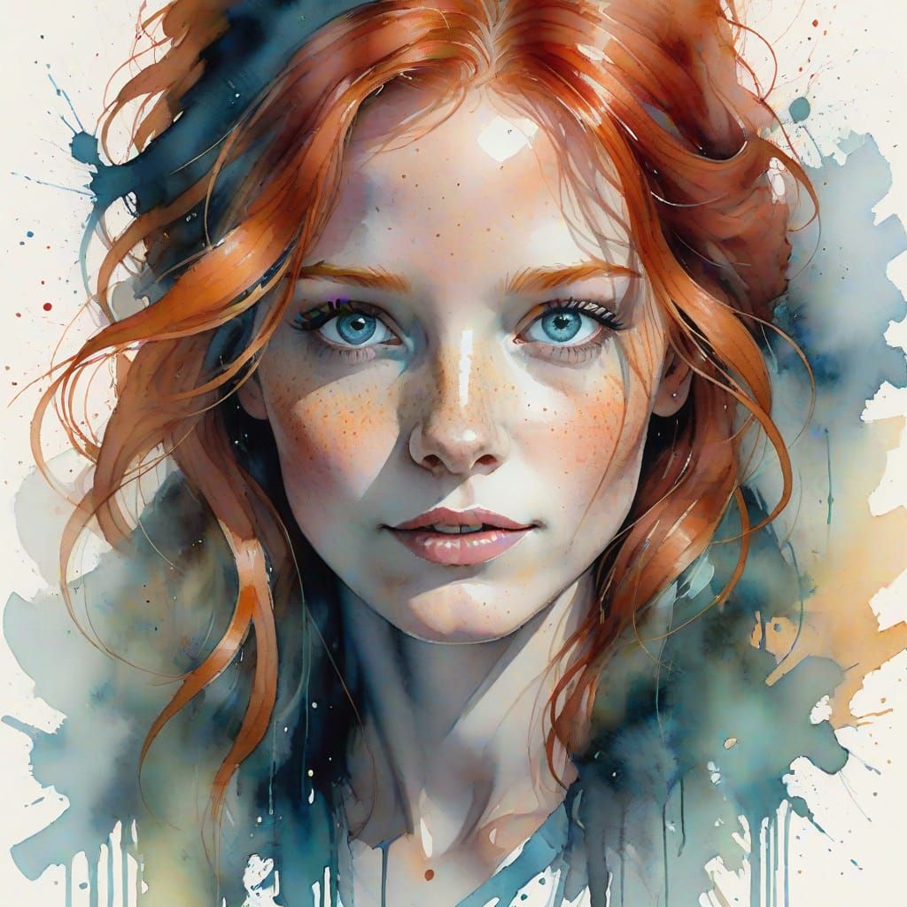 Elegant Redhead Portrait in Whimsical Watercolor Style