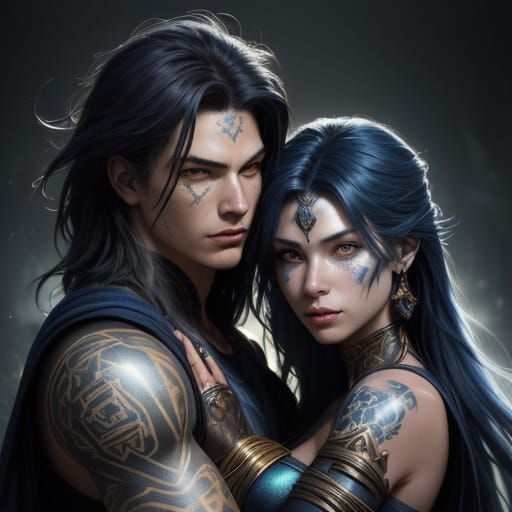 Couple With Glowing Tattoos in Ancient Ruins