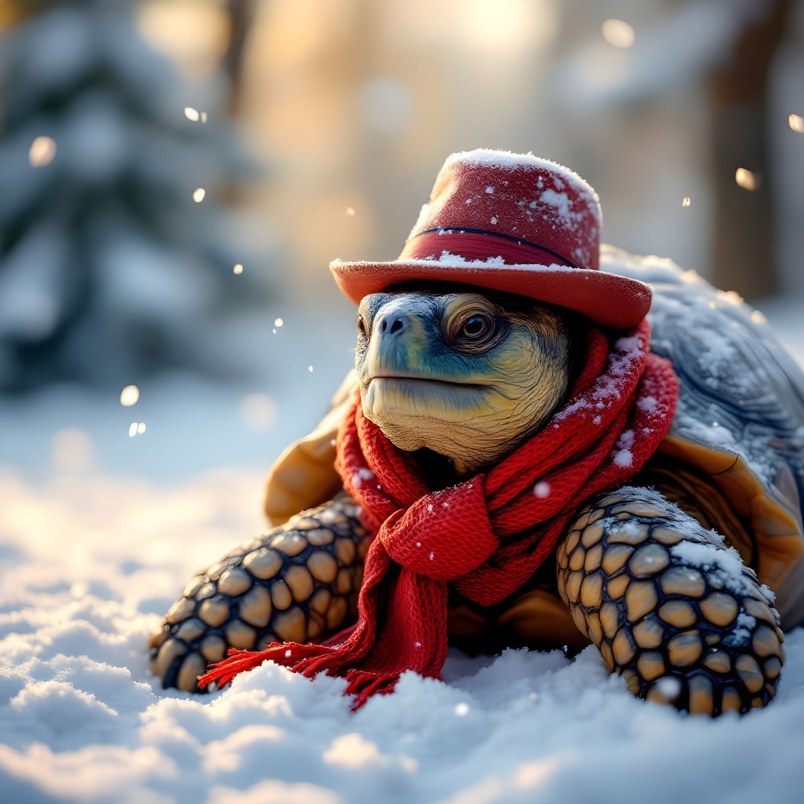 Tortoise in Winter Wonderland with Red Accents