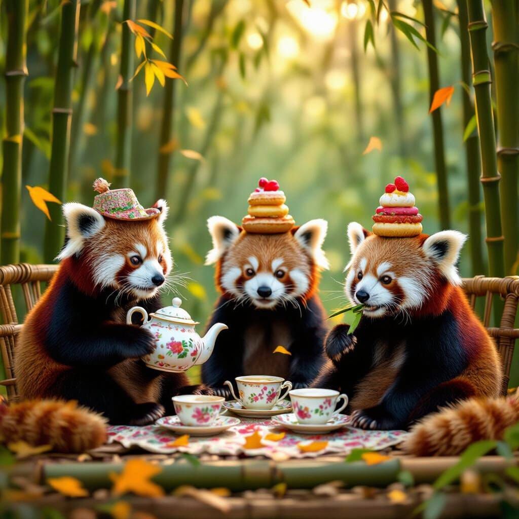 Red Pandas Enjoy Tea Party in Sun-Dappled Bamboo Forest