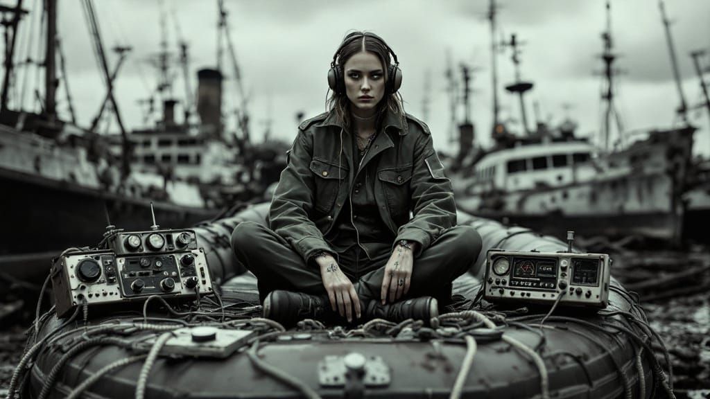 Post-Apocalyptic Figure Adjusts Radio in Ship Graveyard