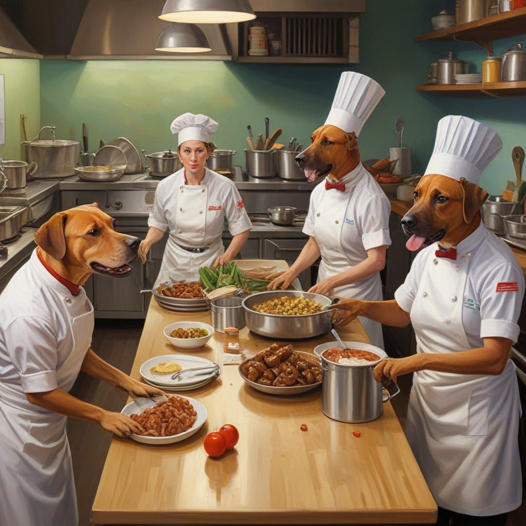 Dogs as Mid-Century Modern Oil Painters in a Humorous Restau...