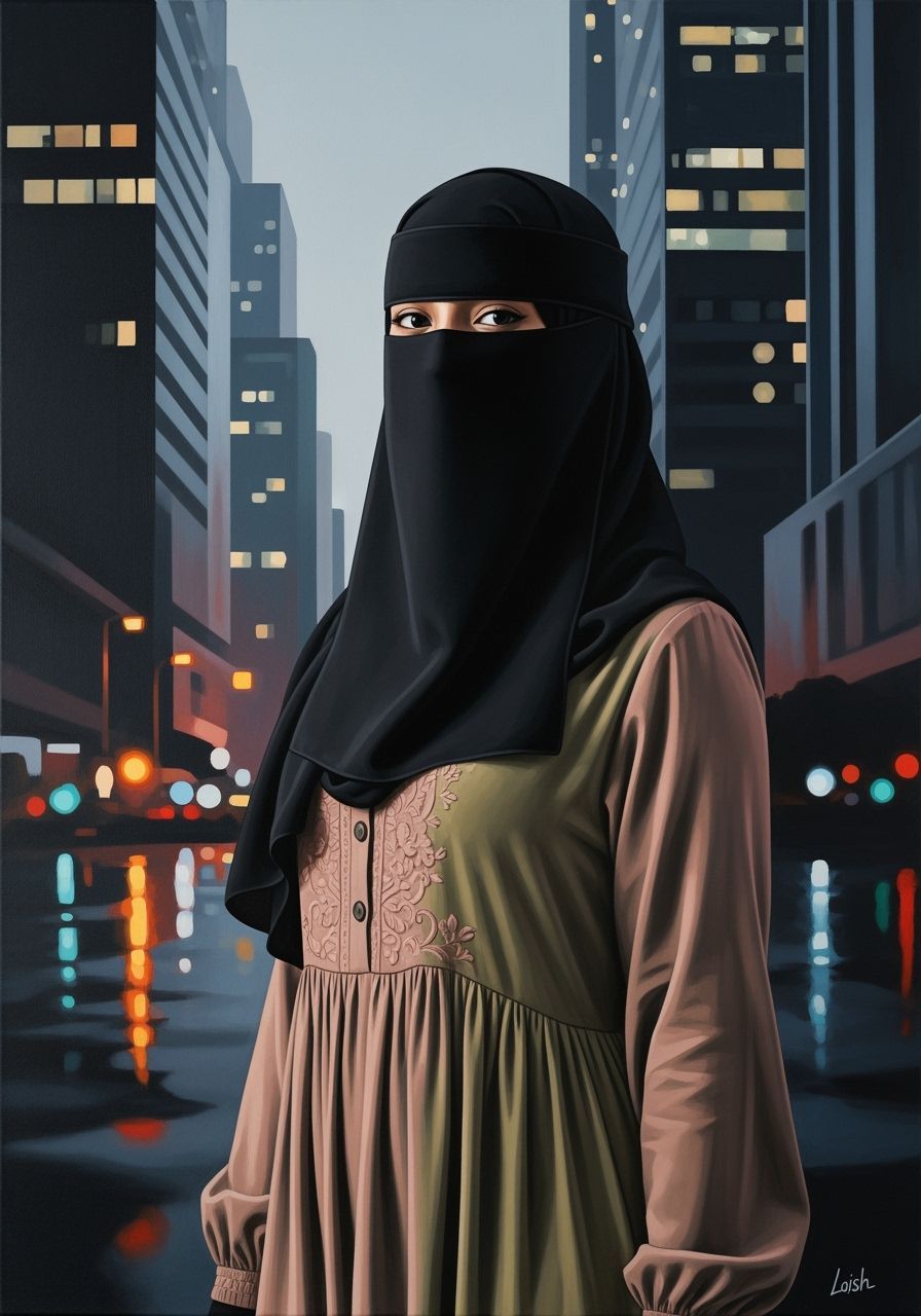 Niqabi Woman in Cityscape, as Minimalist Impasto Painting