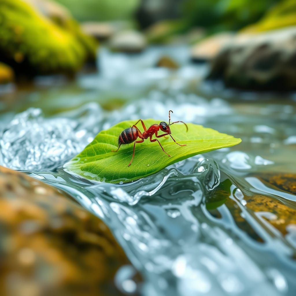 A Delicate Ant Adrift on a Leaf in a Mountain Stream