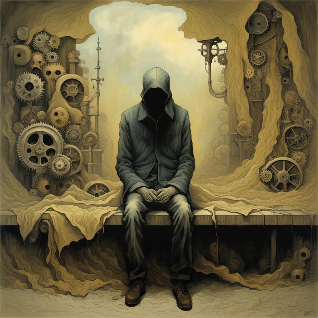 Melancholic Figure in Shadowy Dreamscape