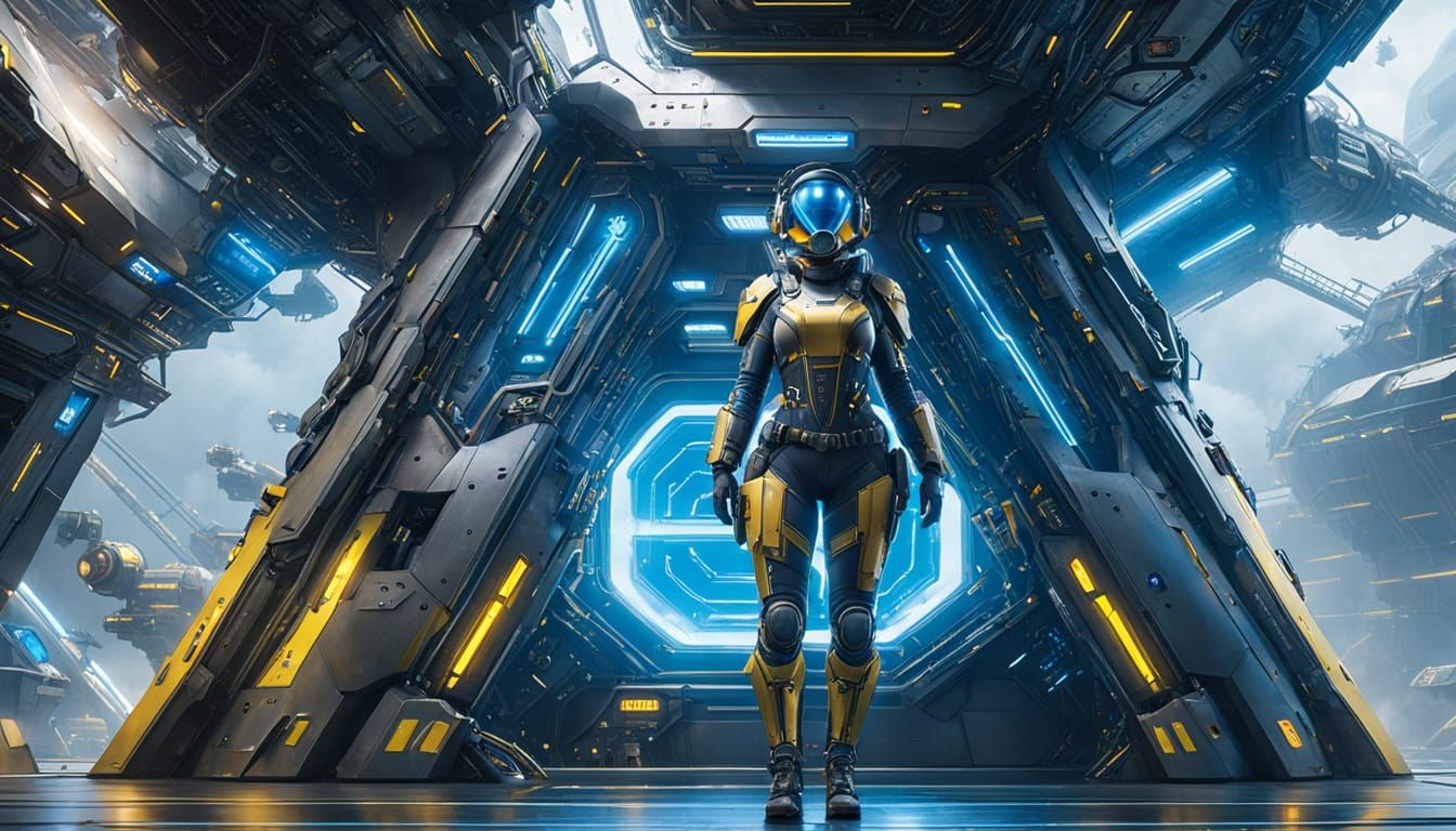 Woman in High Tech Suit Leans on Starship Bulkhead