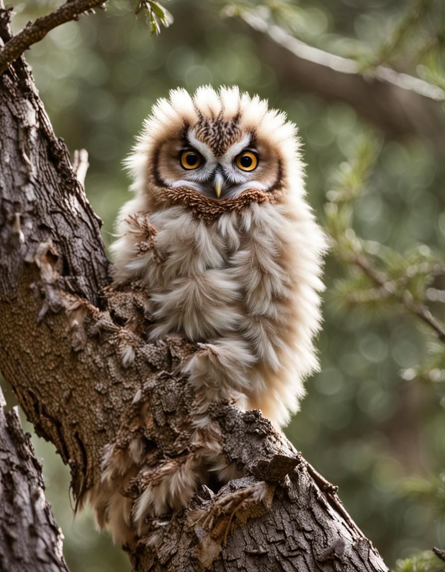 Sleepy Baby Owl in a Tree