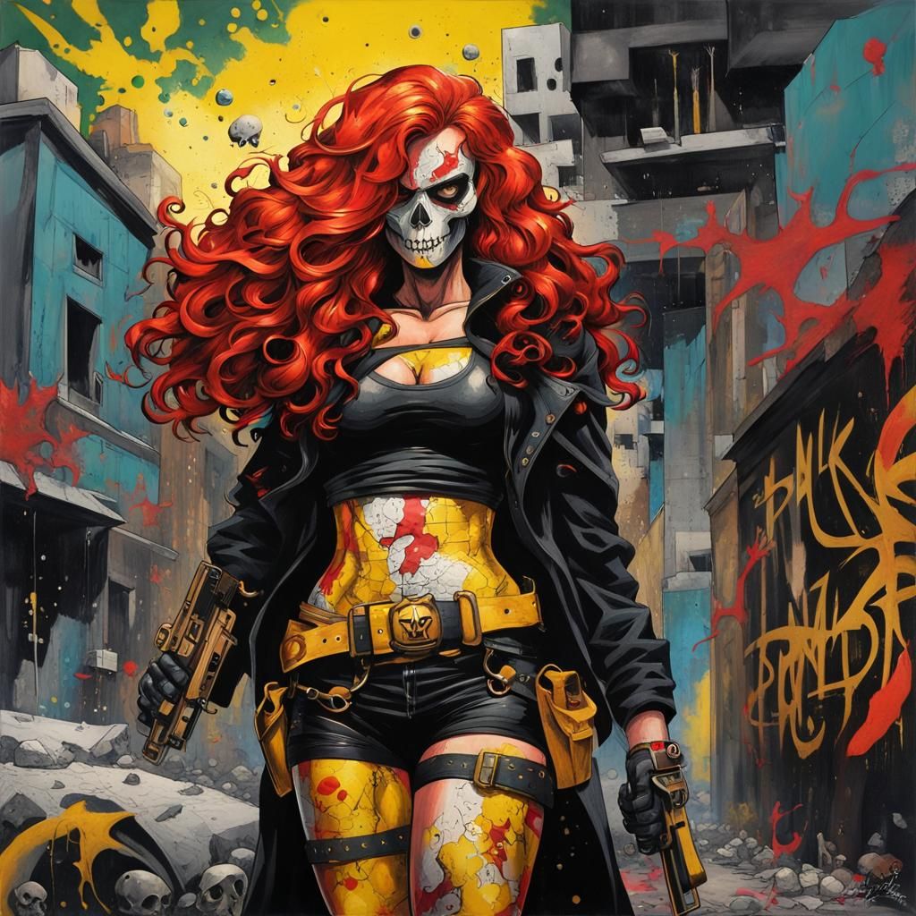 Villainous Redhead Heroine in Dystopian City, Comic Style