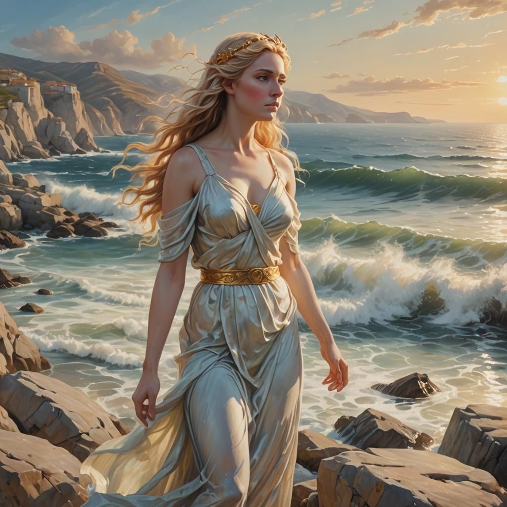 Aphrodite on Rocky Coastline: Ethereal Oil Painting