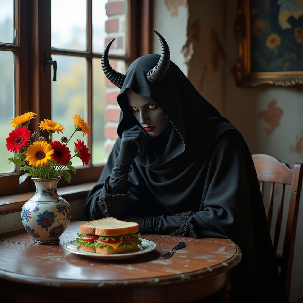 Dark Devil at Table in Van Gogh Style