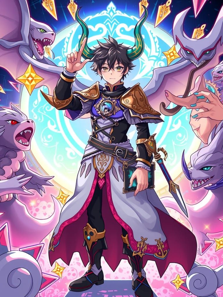 Anime Fantasy Hero with Mystical Creatures and Symbols