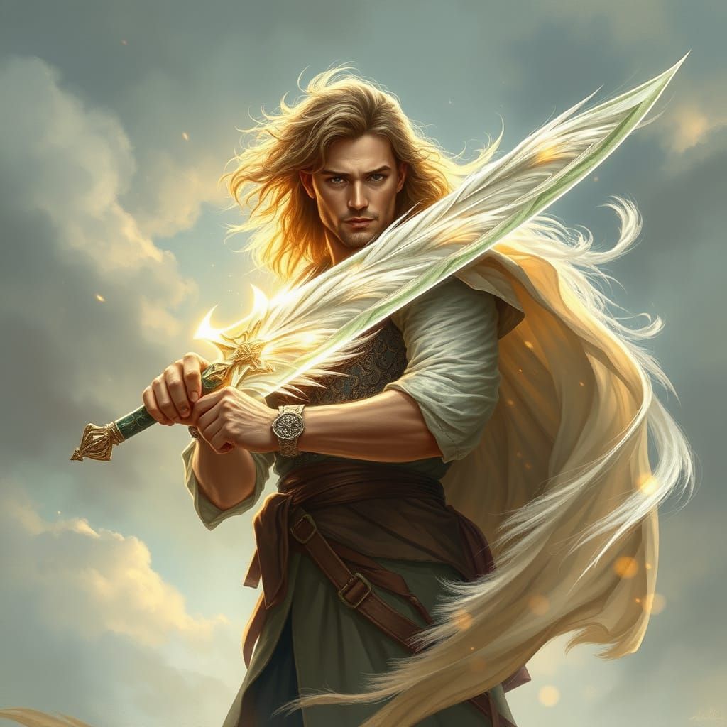 Hero Wields Majestic Wind Sword in Ethereal Landscape