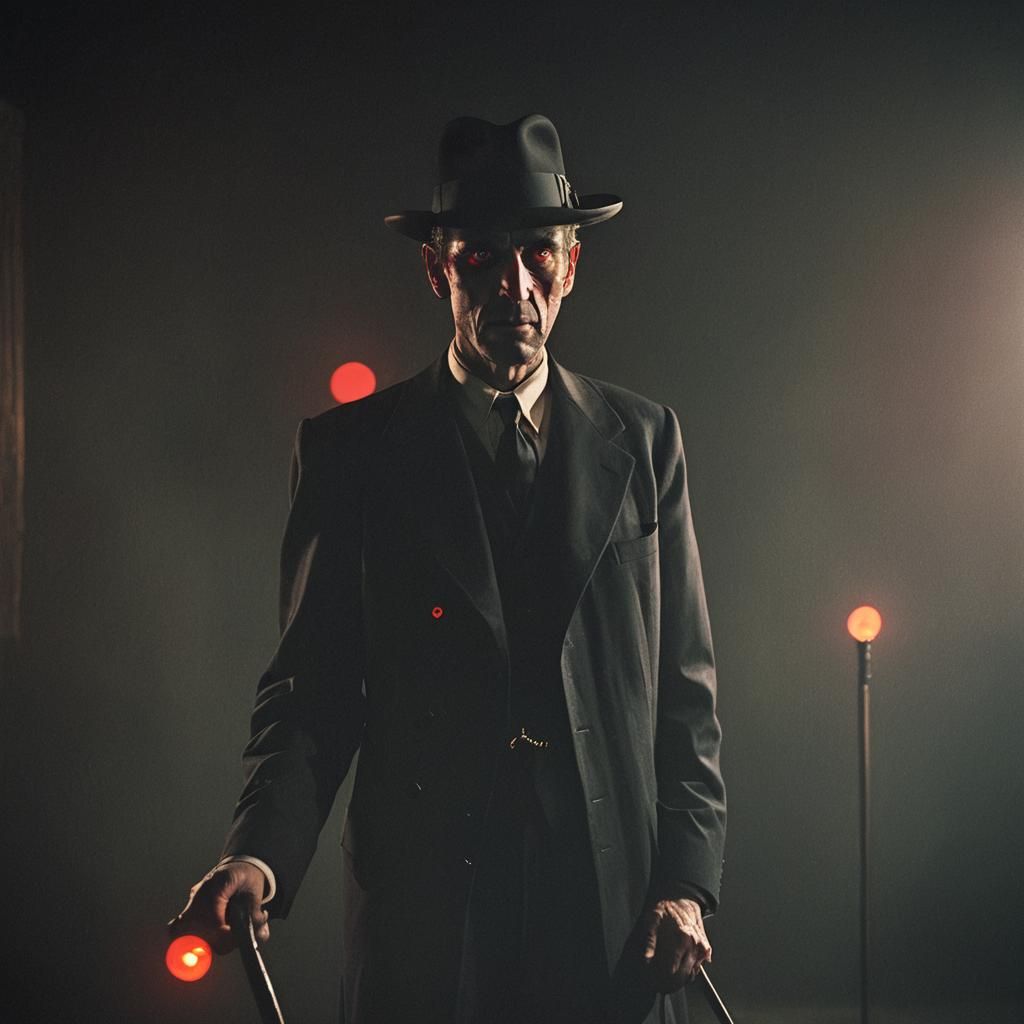 Film Noir Hat Man with Glowing Eyes